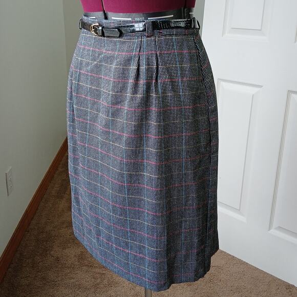 Worthington Vintage Wool Pencil Skirt 16 midi pockets black houndstooth +belt - Picture 2 of 16